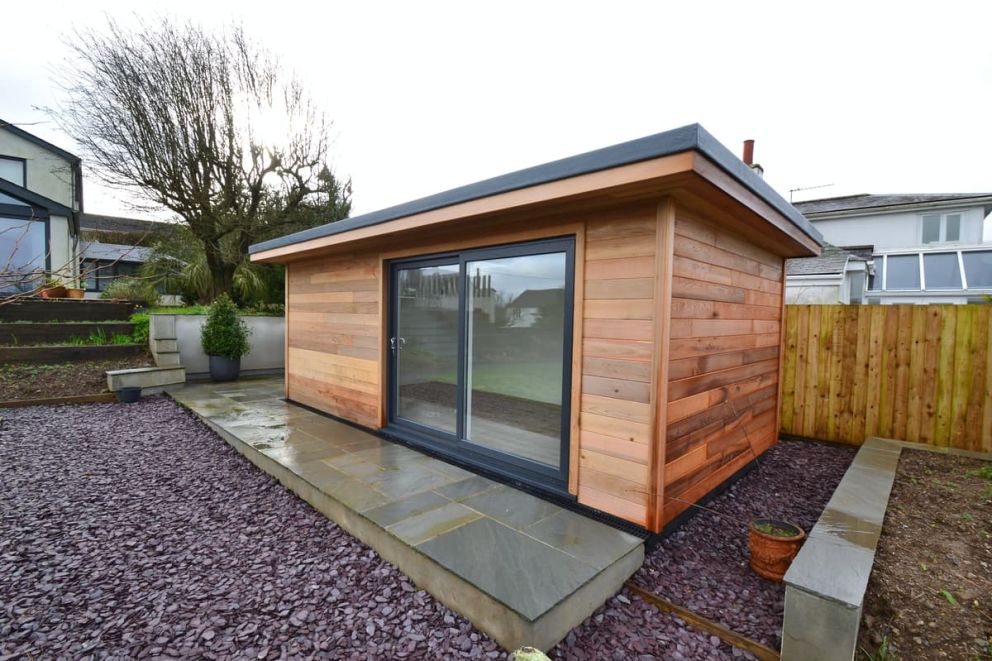 The front of the garden room showing the UPVC in-line sliding doors