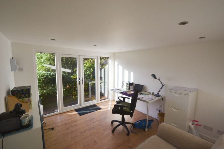 The inside of the garden room, used as a home office