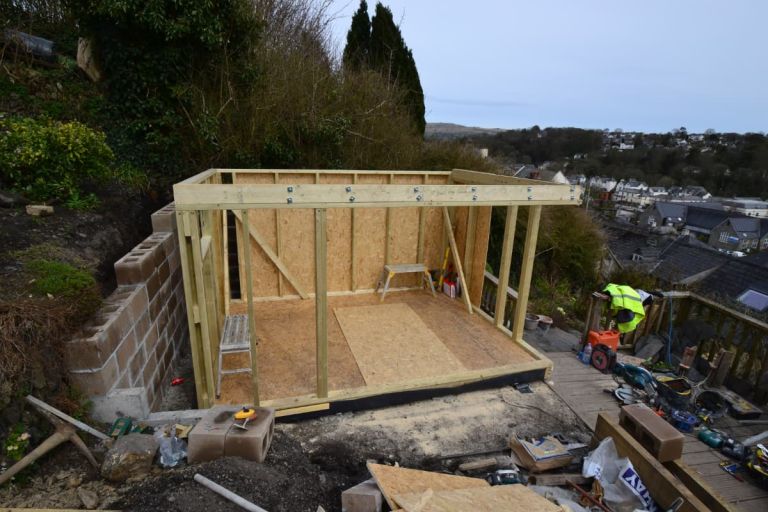 The timber frame for a garden room