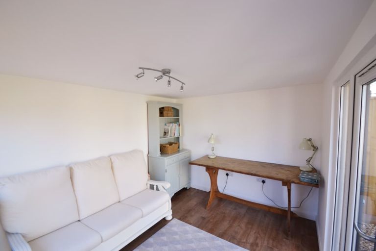 Inside the garden room is plastered and decorated and has heavy duty vinyl flooring