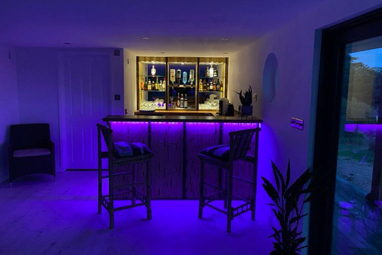 A garden room with a kiki-style bar. The photo is taken at night to show of the purple led lighting